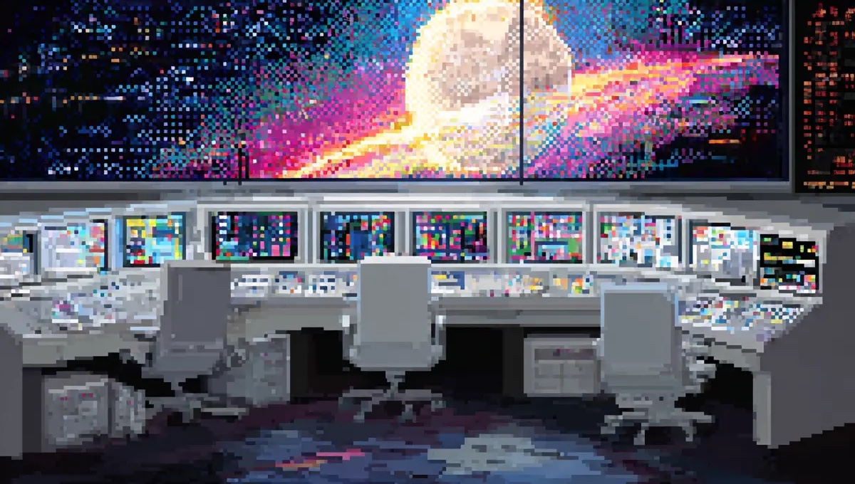 A mission-control room of glowing screens with no one at the desks