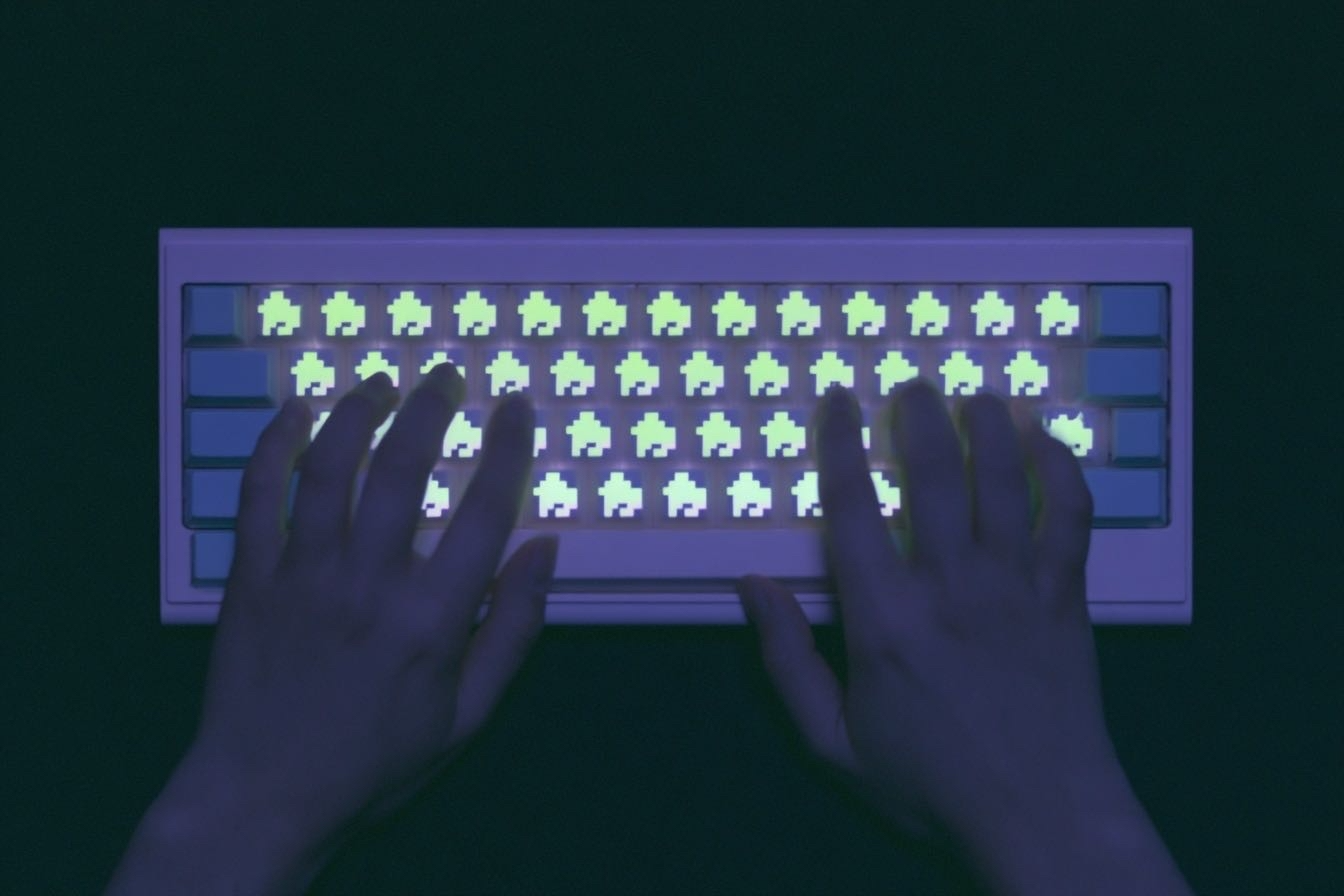 Hands typing on a glowing keyboard in the dark, each keycap lit with a pixel-art space invader