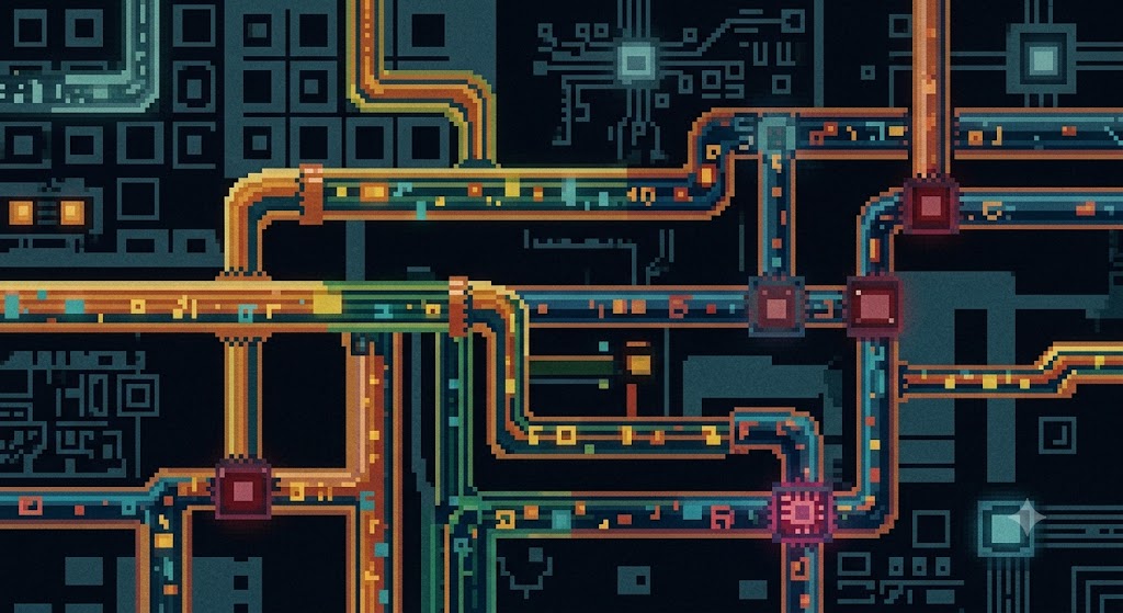 Pixel-art circuit board with glowing orange and teal conduits routing between chips, like plumbing carrying current