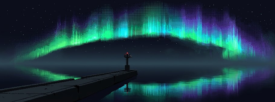 Pixel-art aurora arcing green and violet over a dark bay, reflected in still water, with a small lighthouse at the end of a stone pier