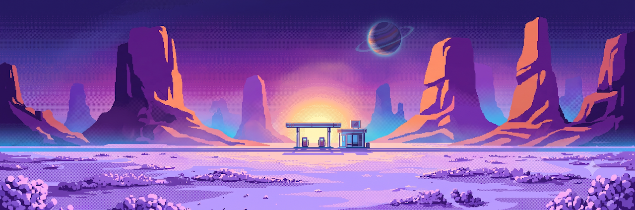 Pixel-art desert at dusk, a lone gas station glowing between towering mesas with a ringed planet in the purple sky