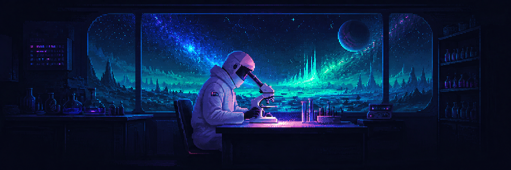 Pixel-art astronaut using a microscope in a futuristic laboratory, with a turquoise alien landscape and star-filled sky outside the window