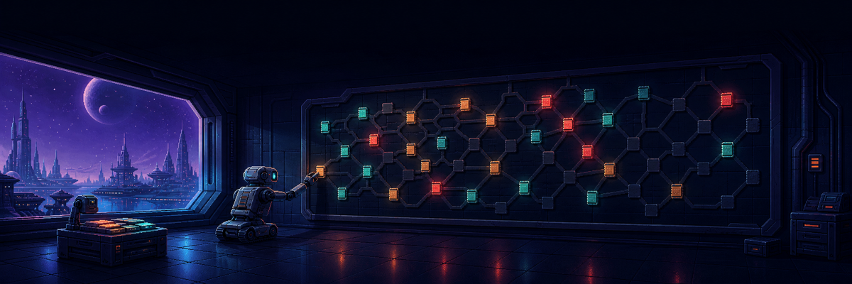Pixel-art robot in a dark control room tagging colored nodes on a glowing wall-sized network map, alien city through the window
