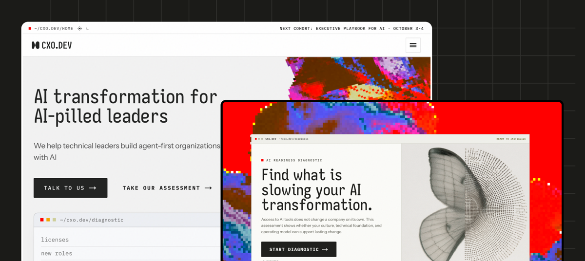 Two browser windows showing the CXO.dev homepage and the AI readiness diagnostic, layered over a dark grid with pixel-glitch artwork.